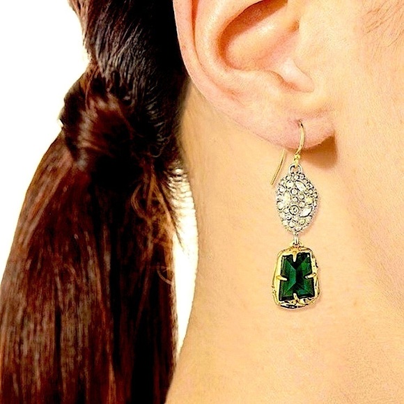 ALEXIS BITTAR Double Drop Mismatched Green Crystal Dangle Earrings - Picture 6 of 12